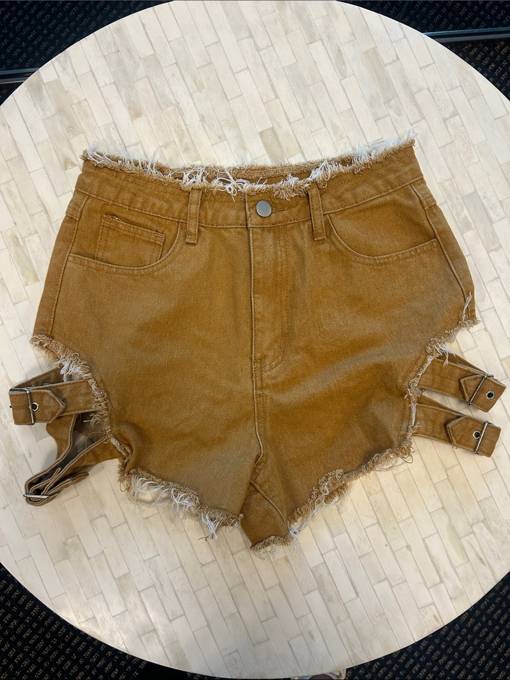 SHEIN Distressed Buckle Side High-Waist Denim Shorts in Brown